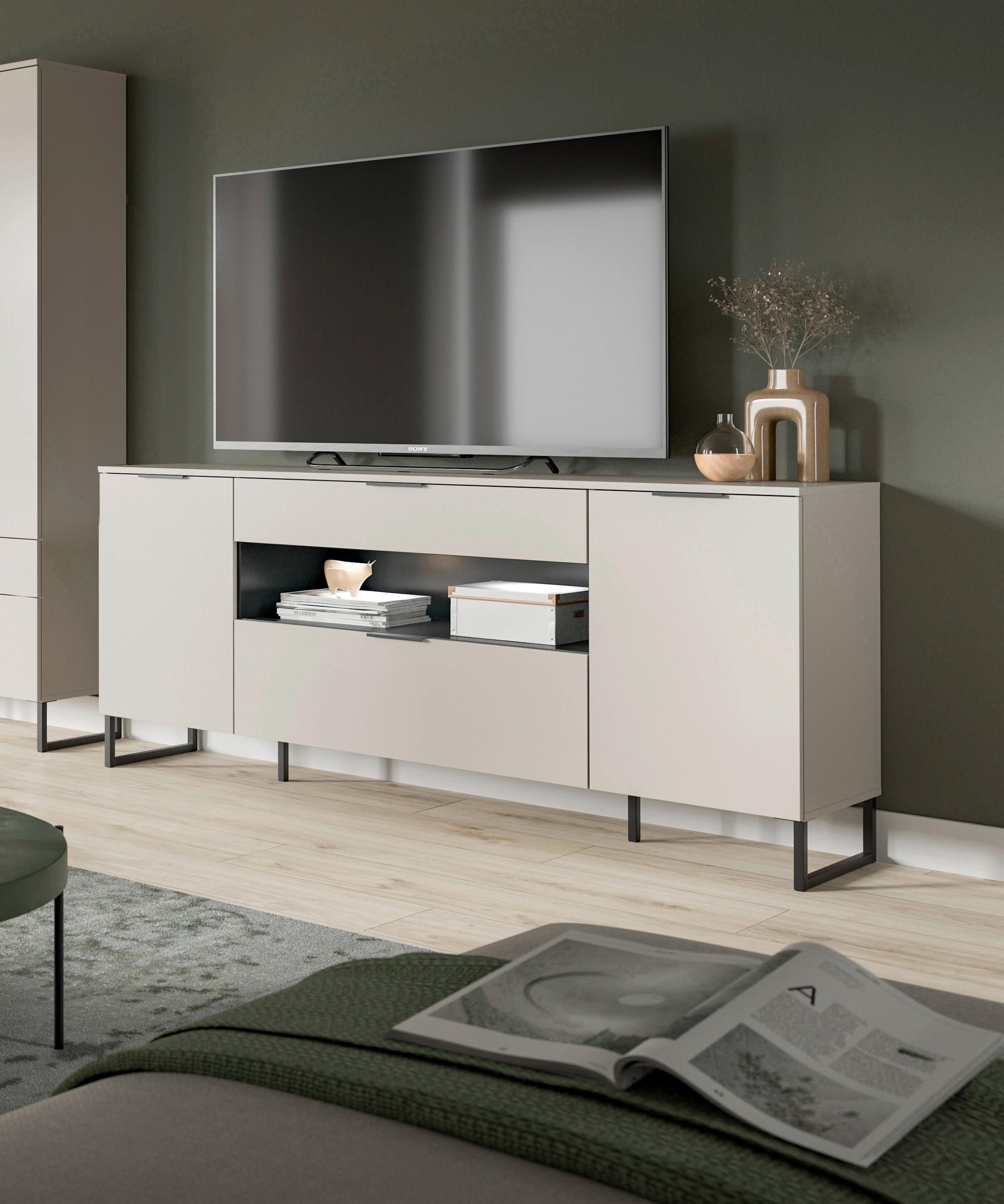 Thumbnail - Sideboard Noida Kaschmirgrau Nachbildung schwarz B/H/T: ca. 80x185x41 cm