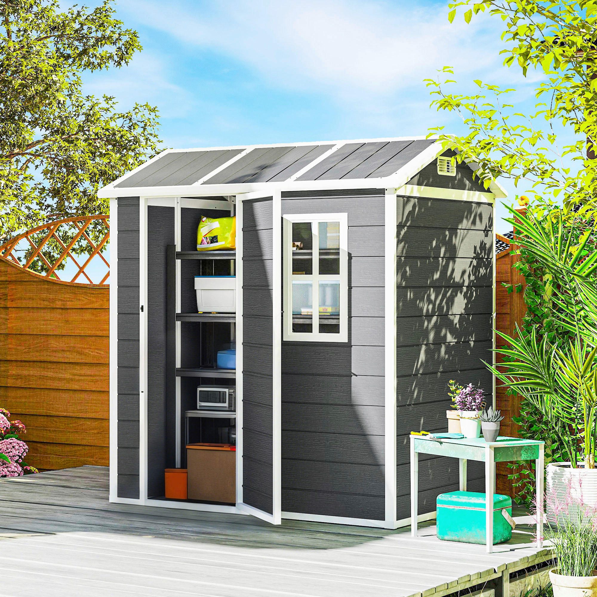 Thumbnail - Outsunny Gartenhaus grau B/H/L: ca. 130x199x186 cm