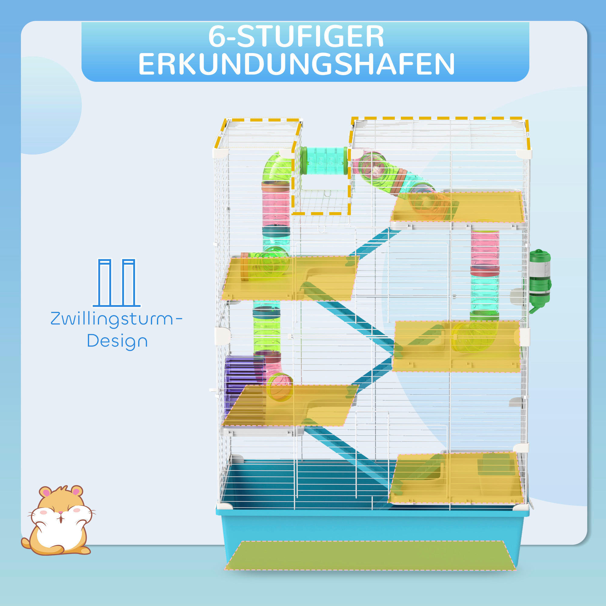 Thumbnail - PawHut Hamsterkäfig hellblau Kunststoff B/H/L: ca. 36x81x58 cm