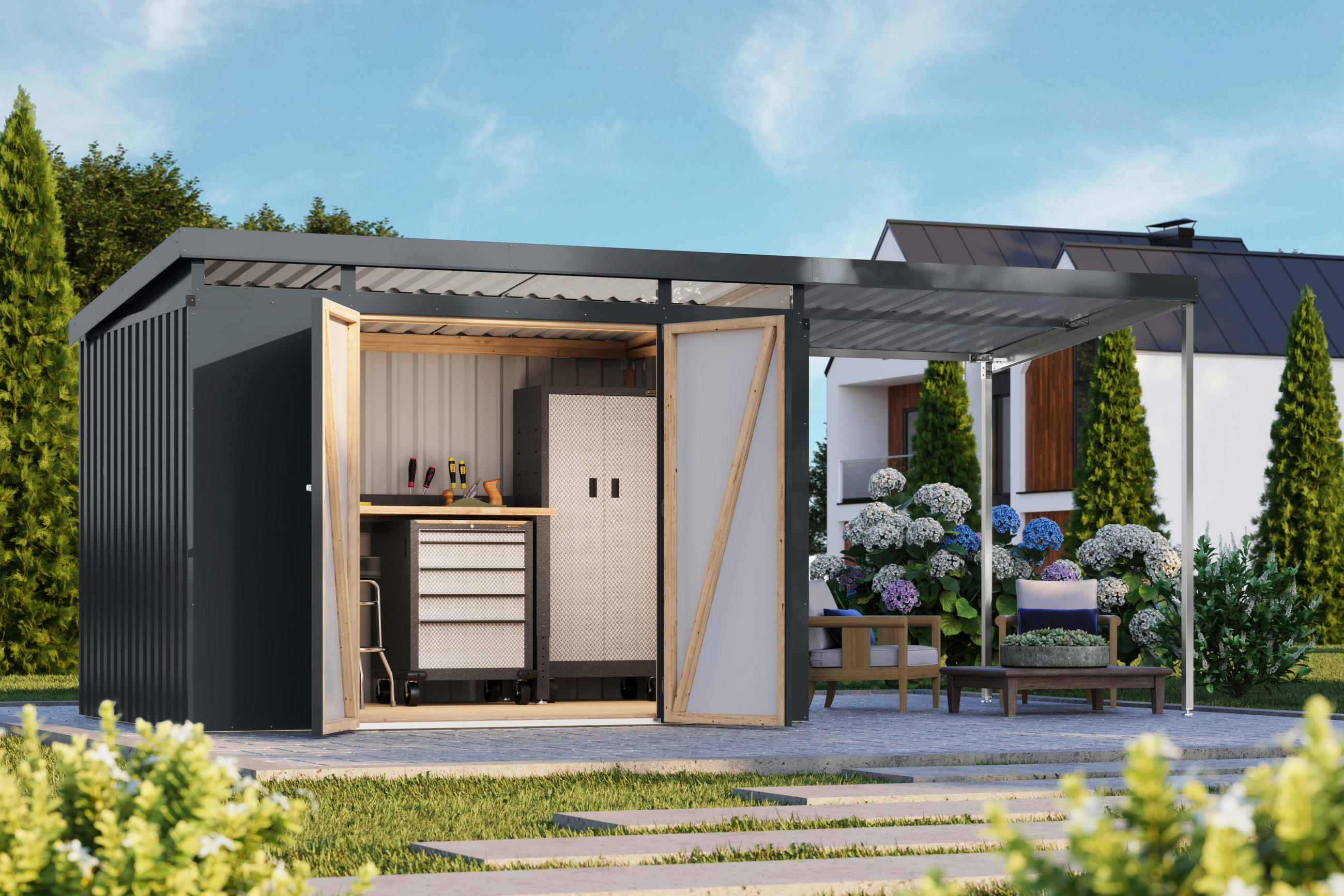 Karibu Gartenhaus Indra3 anthrazit B/H/T: ca. 289x213x206 cm