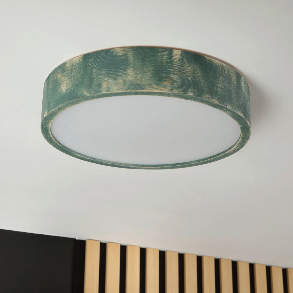 Thumbnail - Lamkur Deckenleuchte grün hellbraun Holz Glas B/H/L: ca. 38x38x10 cm 2 Brennstellen