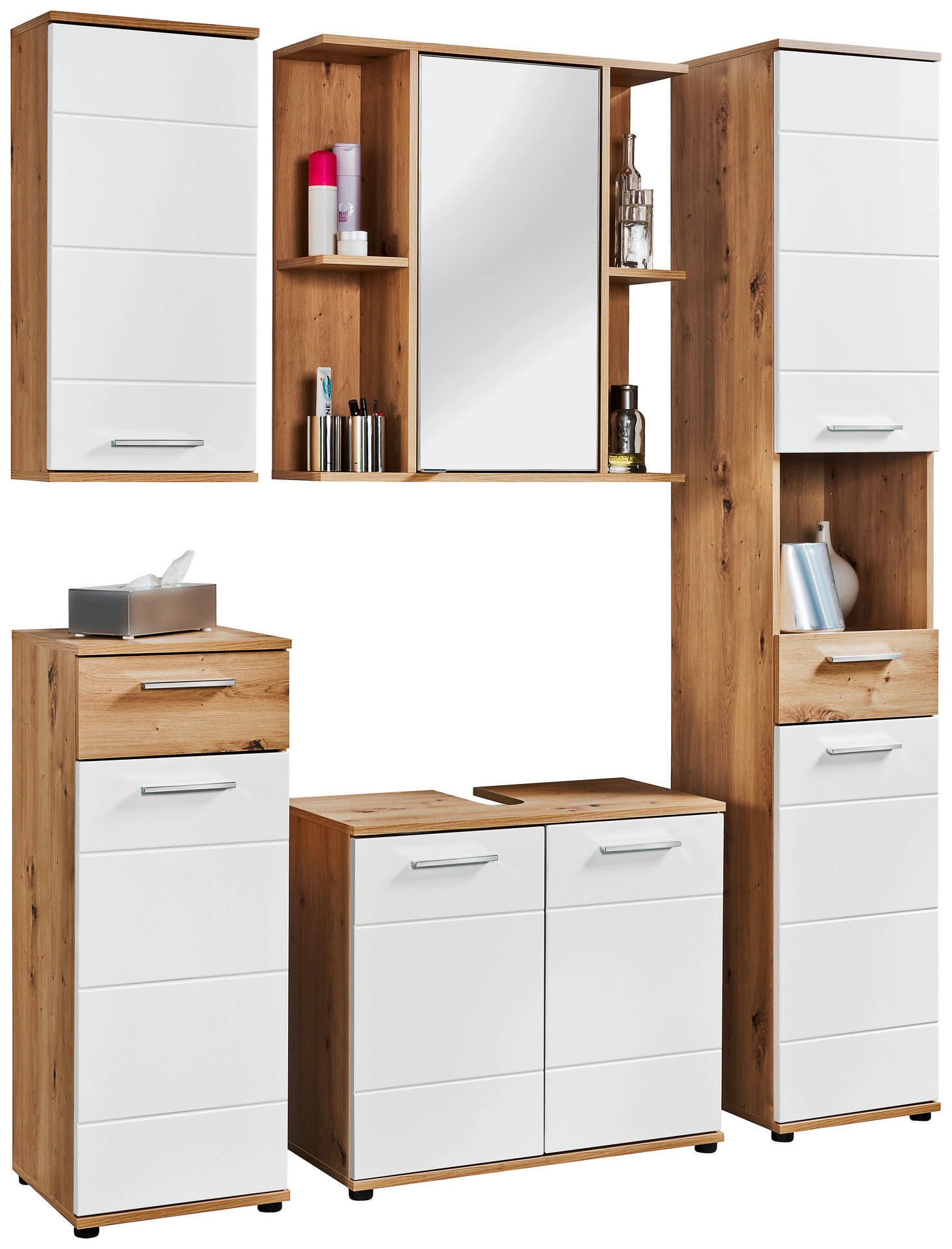 Thumbnail - Waschbeckenunterschrank Bergen Eiche Artisan Nachbildung weiß Hochglanz B/H/T: ca. 70x61x35 cm