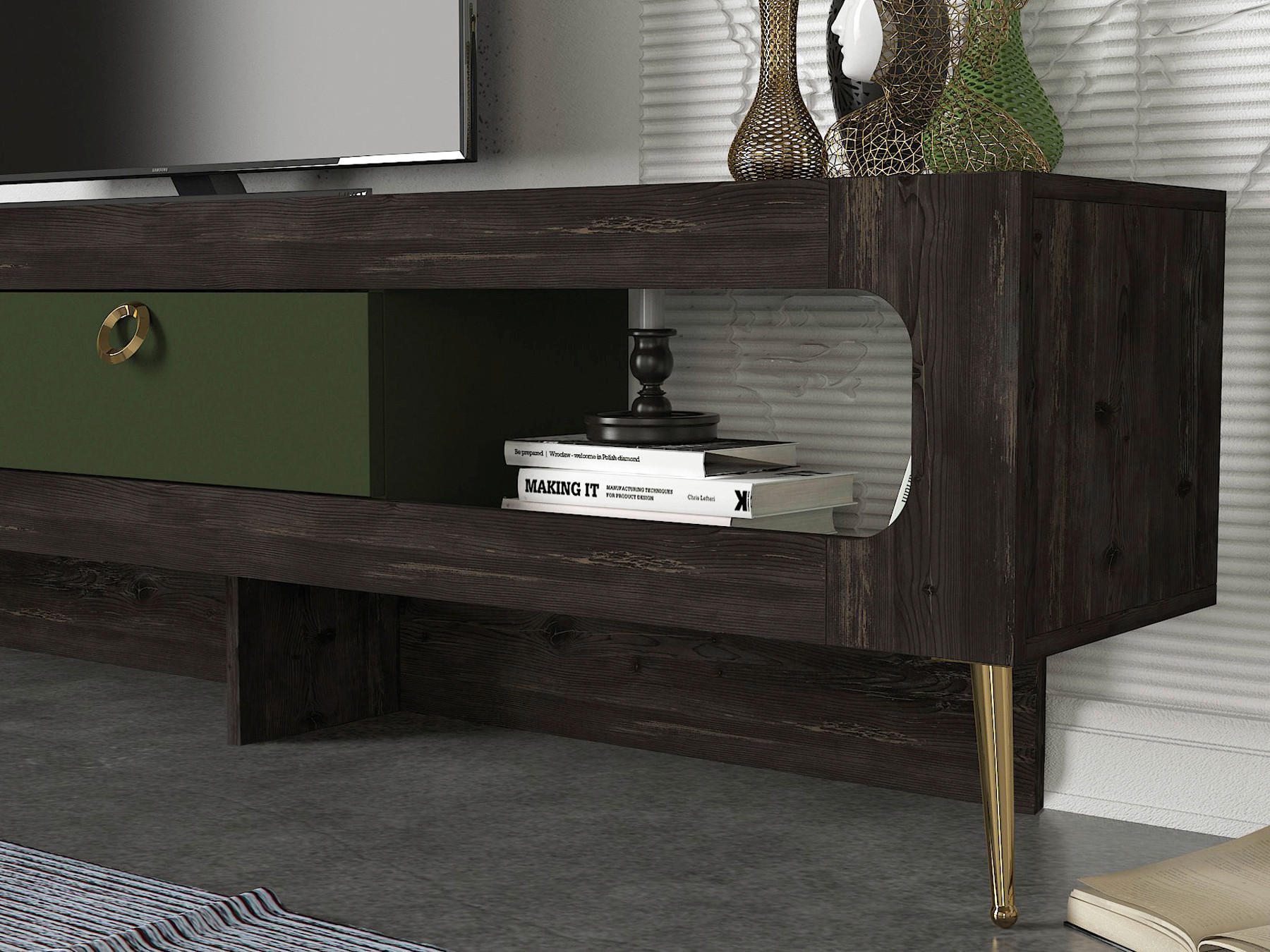 Thumbnail - Wohnwand Milandra Rebab braun dunkelgrau dunkelgrün B/H/T: ca. 180x55x31,5 cm