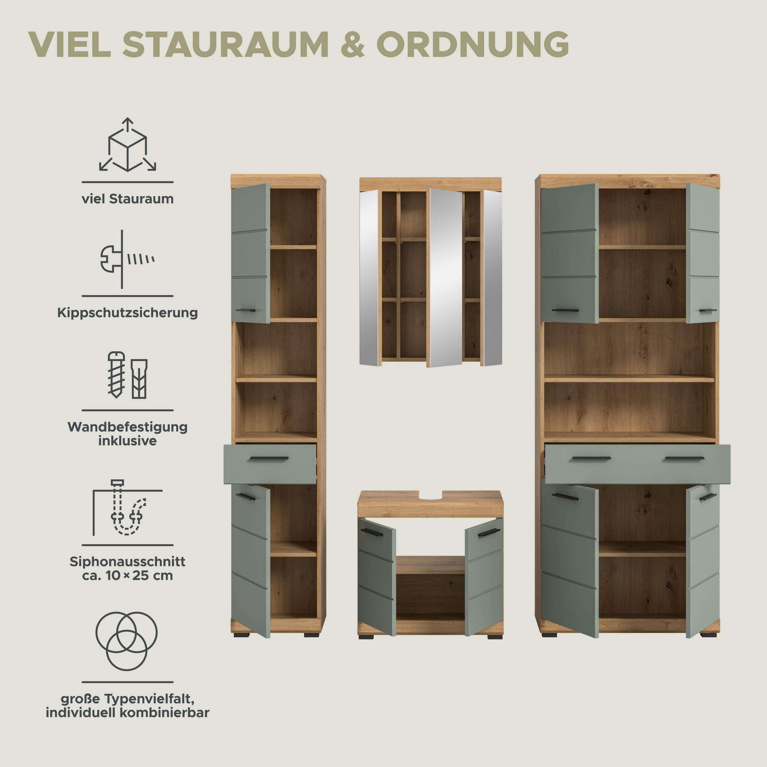 Thumbnail - Badezimmer-Set Scout Eiche Artisan Nachbildung salbei Nachbildung B/H/T: ca. 186x191x34 cm