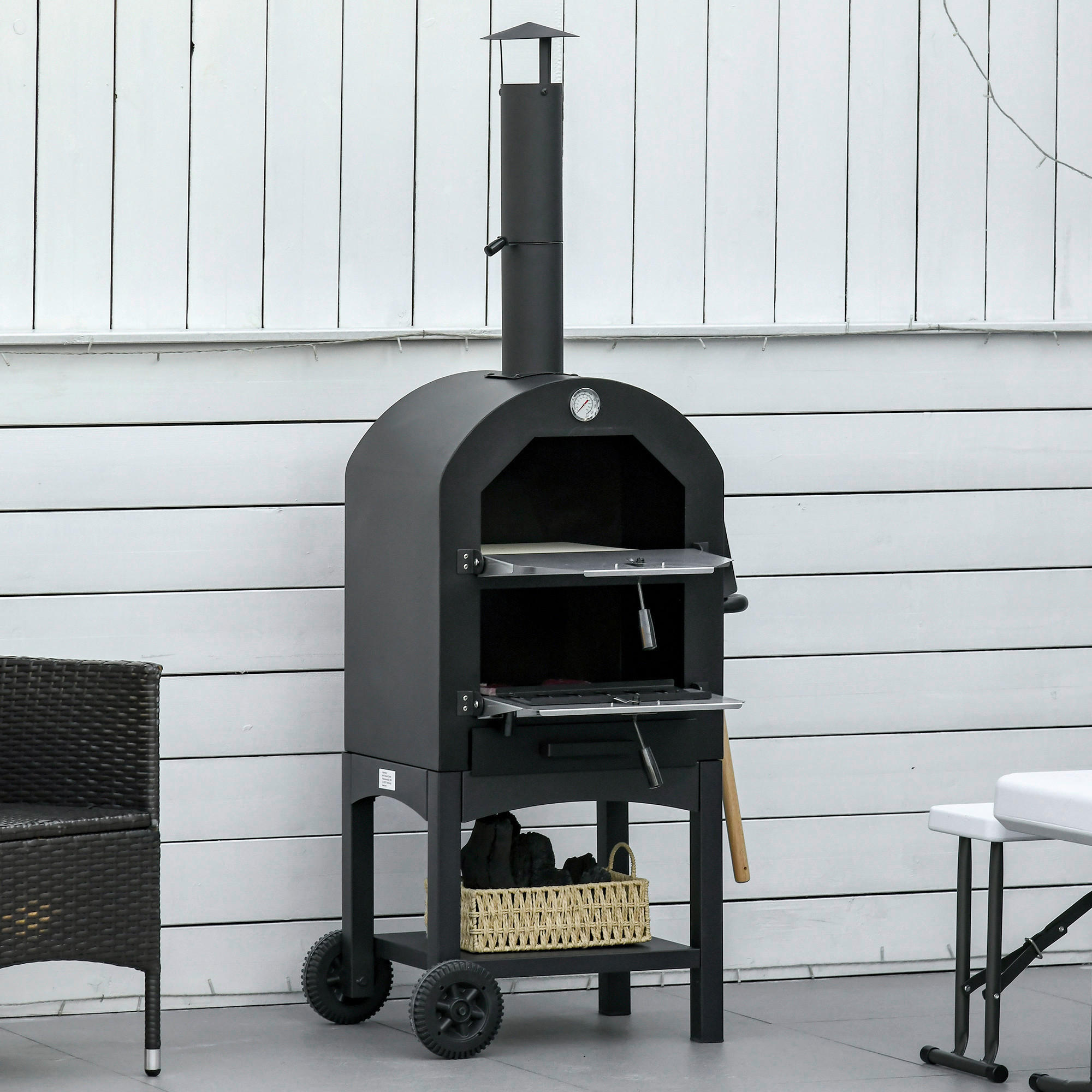 Outsunny Pizzaofen mit Schornstein schwarz Stahl B/H/L: ca. 54x161x63 cm